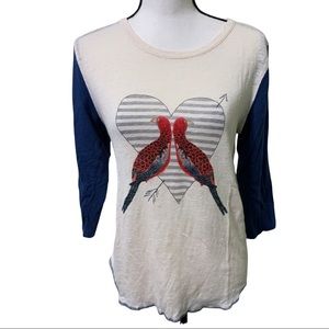 J. Crew Linen Top Red Lovebirds Baseball Tee Raglan Sleeves Size M